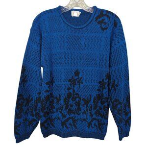 Vintage Tan F Jay long sleeve Sweater‎ Blue & Black abstract floral Pattern Sz M
